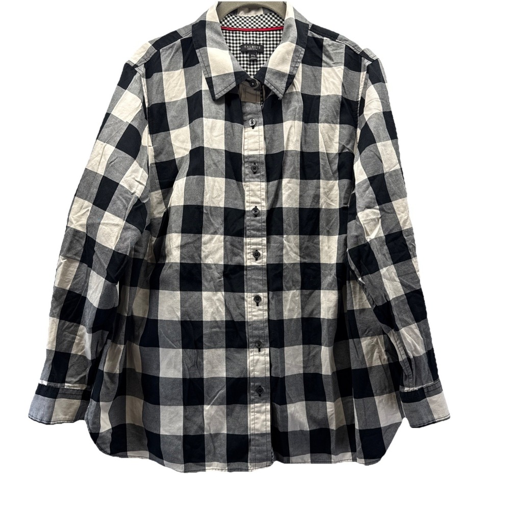 Talbots Women's Top Blouse Size 2XP Black Ivory Flip Cuff Plaid Button Up Petite